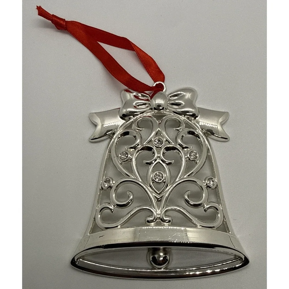 Lenox SPARKLE and SCROLL BELL Multi Crystal Silverplate Christmas Ornament Stamp